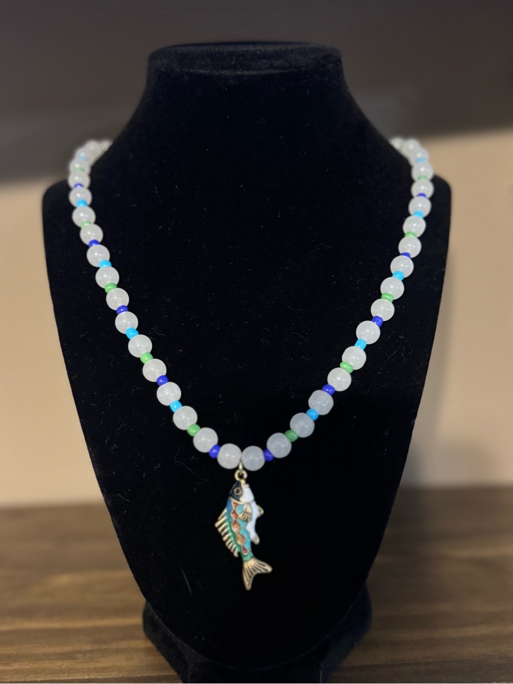 Opalescent Blue & Green Beaded Necklace with Fish Charm